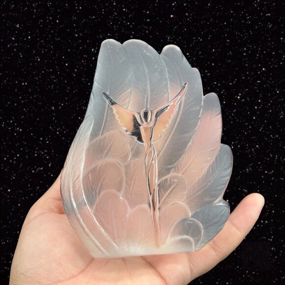 Clear Frosted Feather Shaped Glass Paperweight With Angel In The Middle Thick - Picture 4 of 11